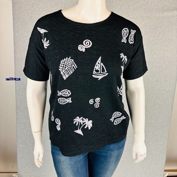 Vintage LA Lights XL Blouse Black Texture Boat Shell Fish Stretch Short Sleeve - Picture 2 of 7